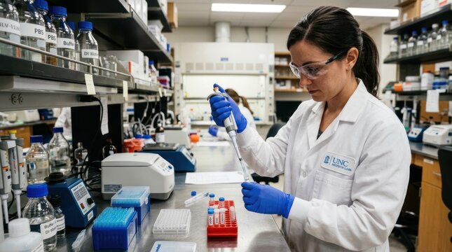 A female scientist wearing a white lab coat and safety glasses carefully uses a pipette to transfer liquid from a vial into a microtube.