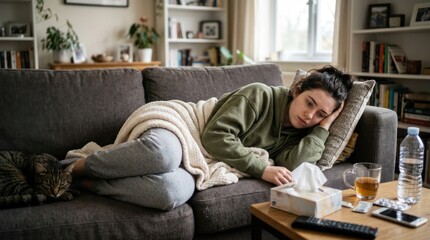 Fototapeta premium A young woman lies on a gray sofa, wrapped in a blanket, and resting her head on a pillow. A cat curls up beside her.