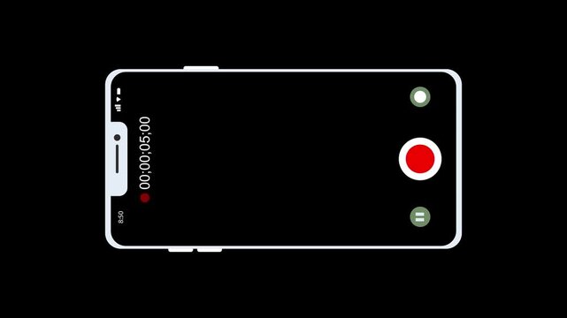 Smartphone video recording interface with timer. Mobile smartphone video recording interface on screen. Digital smartphone video recording interface for social media.