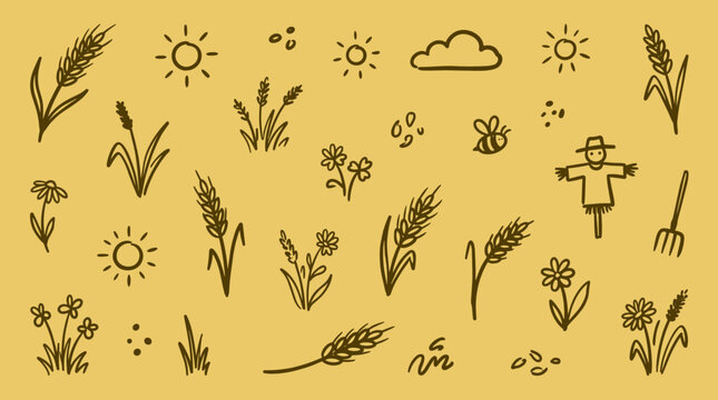 Charming hand drawn doodle illustrations of farm elements like wheat, scarecrow, sun, clouds, flowers, bee and farming tools on a yellow background representing harvest and rural life