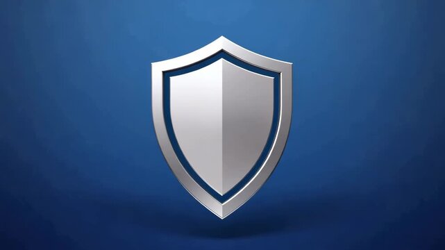 A shiny silver shield symbol with a glowing blue outline moving in and out on a deep blue background.