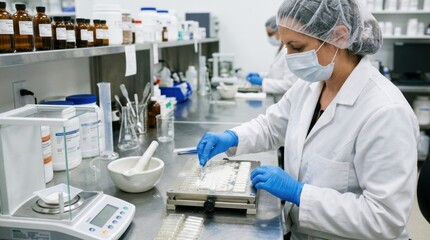 Naklejka premium A female scientist wearing a white lab coat, surgical mask, and blue gloves carefully measures a powder on a precision scale in a pharmaceutical laboratory.