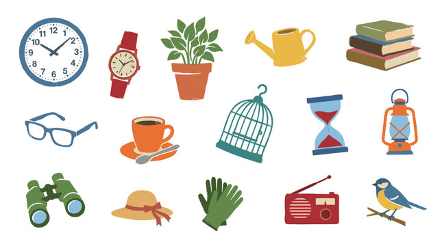 Collection of vintage illustrated objects for hobbies and daily life including a clock binoculars watering can radio and bird