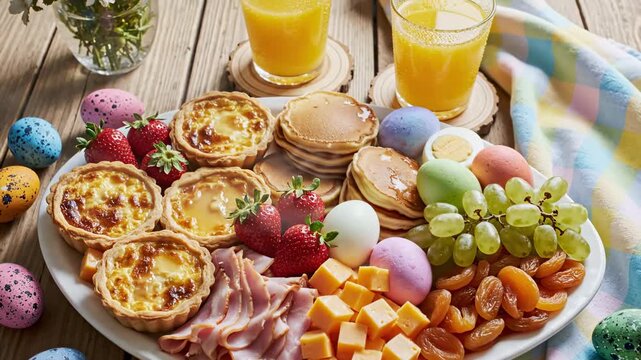 Delicious Easter Brunch Platter featuring egg tarts, pancakes, fresh fruits, and colorful eggs on a wooden table perfect for holiday celebrations and family breakfast marketing.