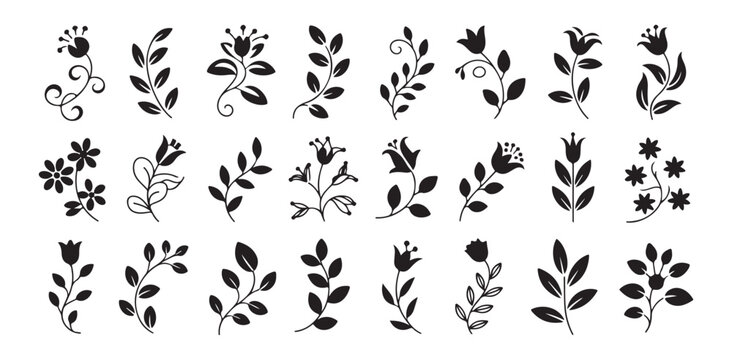Elegant floral branch silhouettes featuring leaves flowers and vine scrolls for organic art