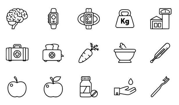 Minimal thin line healthcare and daily objects icon set with medical food and device outline symbols vector
