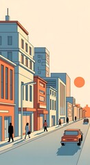 Fototapeta premium Illustration of urban cityscape with diverse buildings, street, people walking, car driving, and rising sun. Geometric style and warm colors