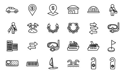 Minimal thin line travel tourism and resort icon set with vacation leisure and hotel outline symbols vector © Lipi