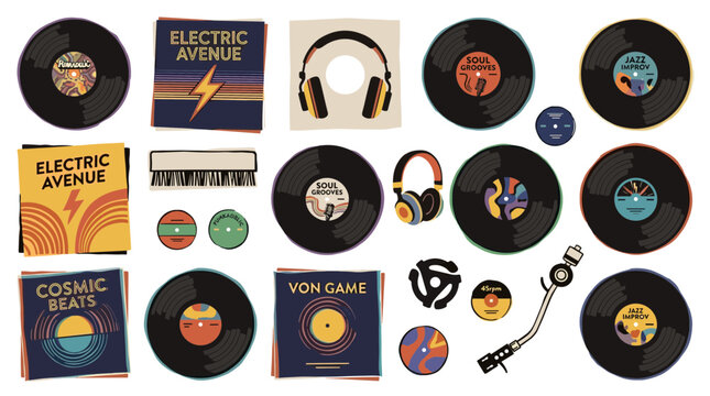 Retro vinyl records collection with headphones and turntable, vintage music concept, graphic design elements for album covers and posters