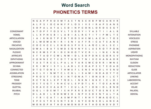 Word search puzzle with phonetics and linguistics terms. Educational vector illustration for speech and language study.