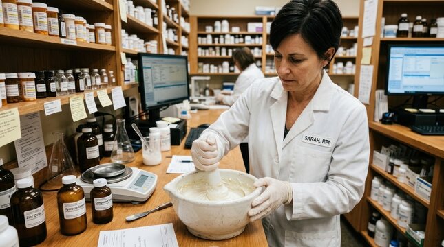 A female pharmacist, Sarah, wearing a white lab coat, carefully mixes a cream in a mortar and pestle. She is working at a pharmacy counter filled with medicine bottles and containers.