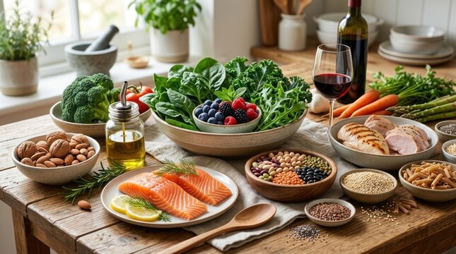 A rustic wooden table displays a vibrant assortment of healthy foods. A bottle of red wine sits alongside a glass, a bowl of fresh leafy greens, salmon, berries, nuts, seeds, and vegetables.