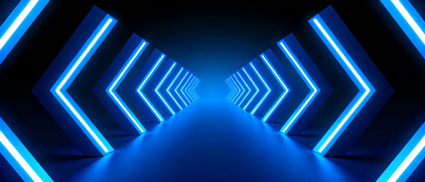 Blue neon tunnel with geometric pattern