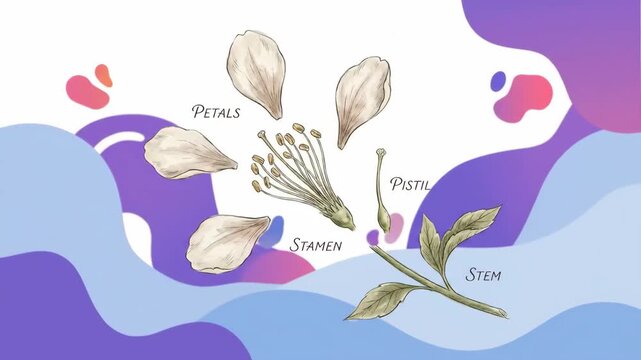 Botanical Diagram of Flower Anatomy Showing Petals and Stamen 4K
