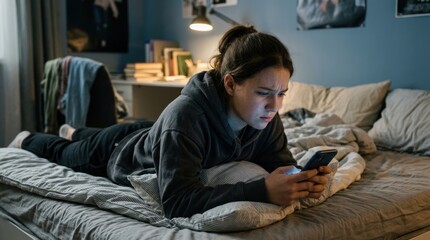 Fototapeta premium A young woman lies on her bed, engrossed in her smartphone. She is looking down at the screen with a concerned expression.