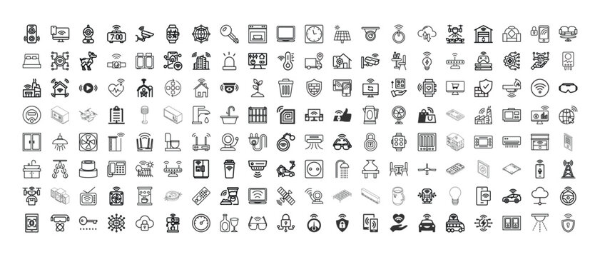 Vintage-style icons depicting various household and office objects and activities