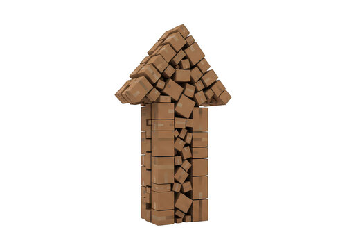 Upward-pointing arrow constructed from wooden blocks with binary code pattern