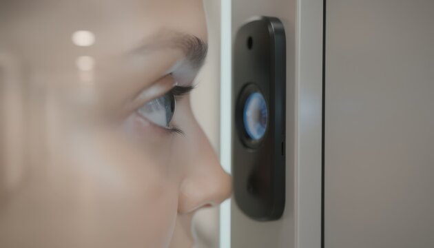 Medium shot capturing a users eye aligning with an iris scanner embedded in a secure access panel with the corridor and walls artistically blurred.