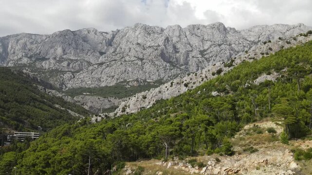 Croatian Mountains, Dinaric Alps. Beautiful mountain scenery, cliffs, and pine forest near the Makarska in Croatia. Drone view.