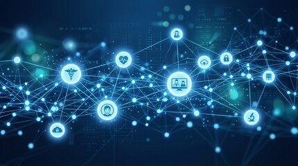 Fototapeta premium Abstract Digital Healthcare Network Background featuring Blue Glowing Lines Nodes and Medical Icons representing Telemedicine Innovation and Global Health