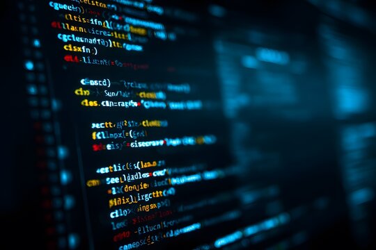 Abstract glowing digital code and programming language displayed on computer screen with blue light effect and dark background representing cybersecurity and data.