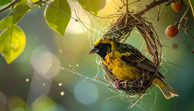 A bright yellow bird nestled in a woven nest suspended from tree branches against a backdrop of bokeh sunlight