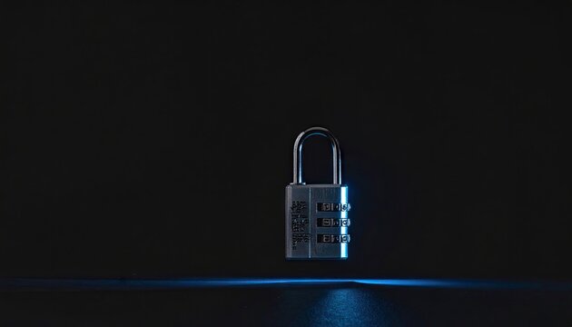 Silver Combination Padlock on Dark Background with Blue Light