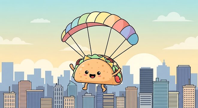 A cute cartoon taco, with a happy face, skydiving from a rainbow parachute above a cityscape at sunset