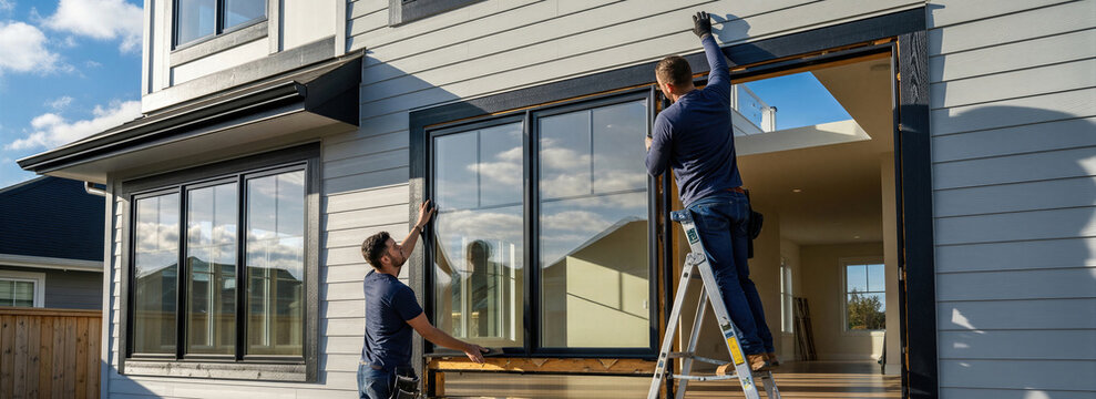 Two repairmen installing large black window unit into the wall of a new residential house. Construction workers fitting glass frames. Home improvement, renovation and building. Banner with copy space