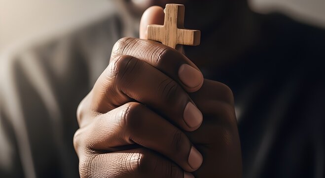 A person holds a small wooden cross with clasped hands in prayer indoors.