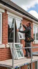 Fototapeta premium Man installer putting new white window into brick wall of house. Professional glazier working on scaffolding. Home renovation and construction service. Window replacement and repair project.