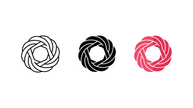 An intricately intertwined circular knot or woven design presented in various graphic styles.