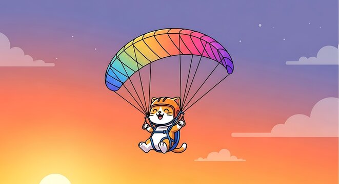 A happy feline with orange-striped fur, eyes closed, enjoys a colorful parachute flight against a sunset sky