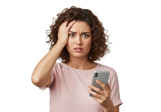 Woman looking worried while holding mobile phone isolated on transparent background