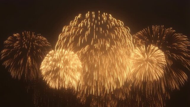 Slow motion static shot of golden fireworks exploding in night sky during outdoor celebration and festival