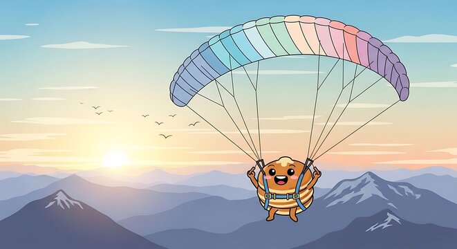 A cute cartoon pancake character smiles while parasailing against a mountain backdrop at sunrise with birds