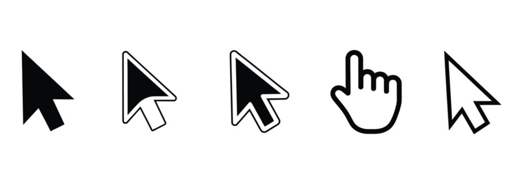 Set of five computer mouse cursor icons, featuring arrow and hand pointer designs for user interface.