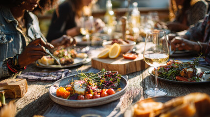 Obraz premium Outdoor dining experience with friends enjoying gourmet meals and wine at a rustic wooden table. Sunlight highlights fresh ingredients and vibrant dishes in a relaxed atmosphere