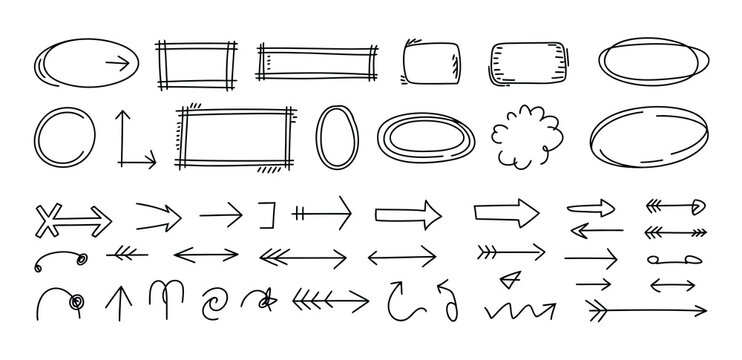 Set of hand-drawn black arrows, shapes, and frames for design and diagrams.