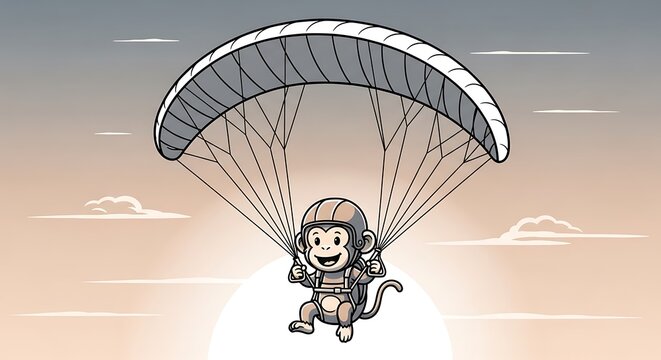 Cartoon monkey with a parachute, smiling confidently as it descends from a cloudy sky. The background shows a sunset