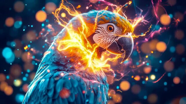 Surrealistic portrait of tropical macaw parrot imbued with cosmic fire and electrical lightning aura set against vibrant abstract bokeh night sky