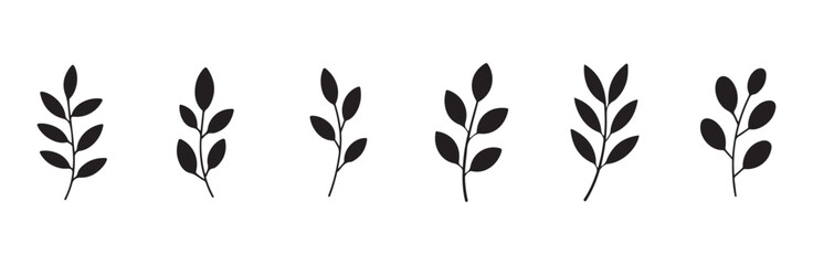 Obraz premium Minimalist hand drawn black leaf branch icons set isolated on white background floral vector