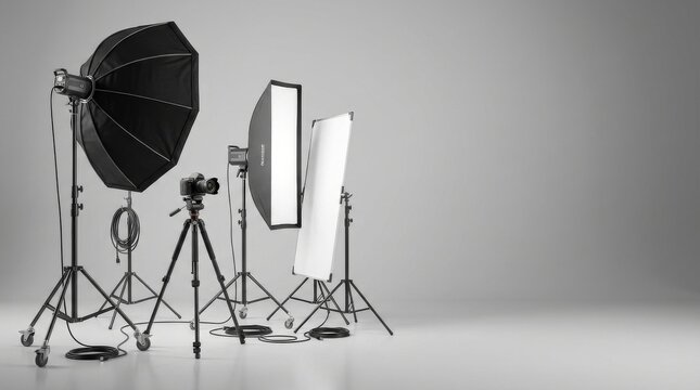 Professional Studio Lighting Setup with Octabox, Softbox, and Reflectors - Minimalist Design with Large Blank Copy Space