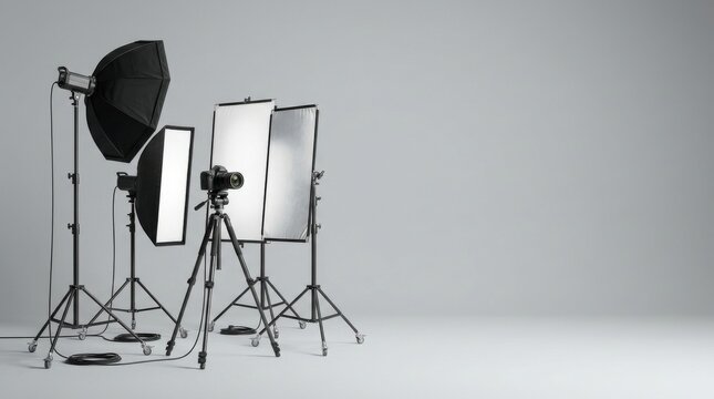 Professional Studio Lighting Setup with Octabox, Softbox, and Reflectors - Minimalist Design with Large Blank Copy Space