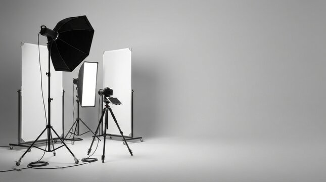 Professional Studio Lighting Setup with Octabox, Softbox, and Reflectors - Minimalist Design with Large Blank Copy Space