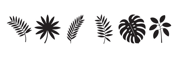 Obraz premium Exotic tropical leaf silhouettes collection of monochrome botanical elements for print design