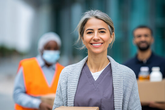 Confident female healthcare worker smiling outdoors while holding a box, with diverse colleagues in the background. Teamwork and community support in modern healthcare setting
