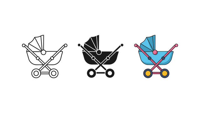 A classic baby stroller, also known as a pram or pushchair, designed for infants, presented in multiple graphic styles.