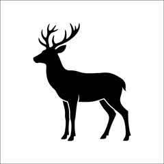 Fototapeta premium The silhouette of a deer with impressive antlers stands calmly in a serene landscape, evoking a sense of peacefulness and connection to nature.