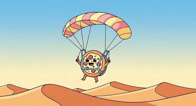 Cartoon pizza with a parachute floats above desert dunes under a light blue sky